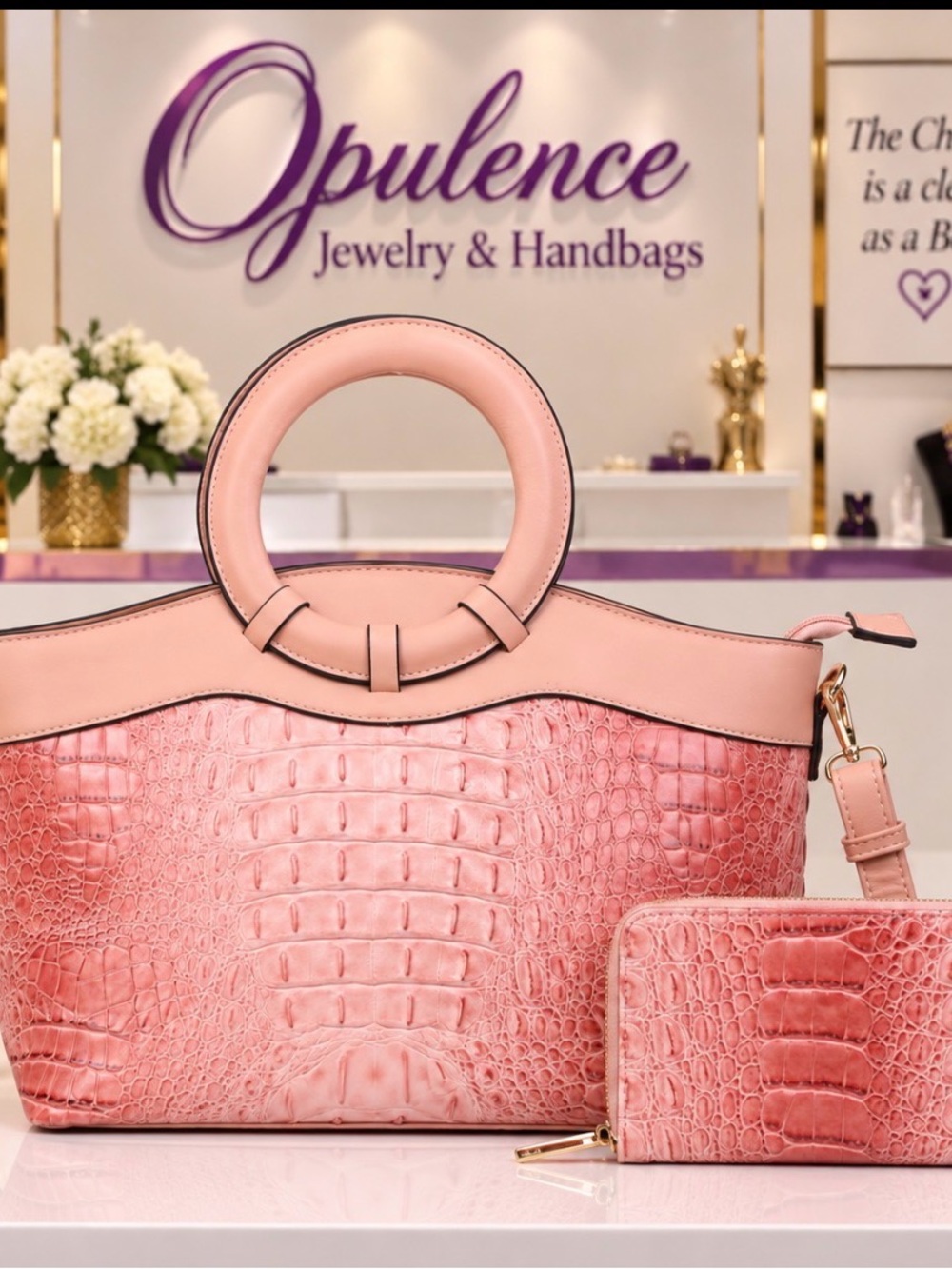Pink Croc-Embossed Circle-Handle Satchel with Wristlet